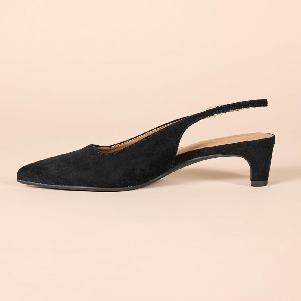 Women's Black Faux Suede Pointed Toe Imported Slingback Comfort Blocked Heels - Picture 4 of 6